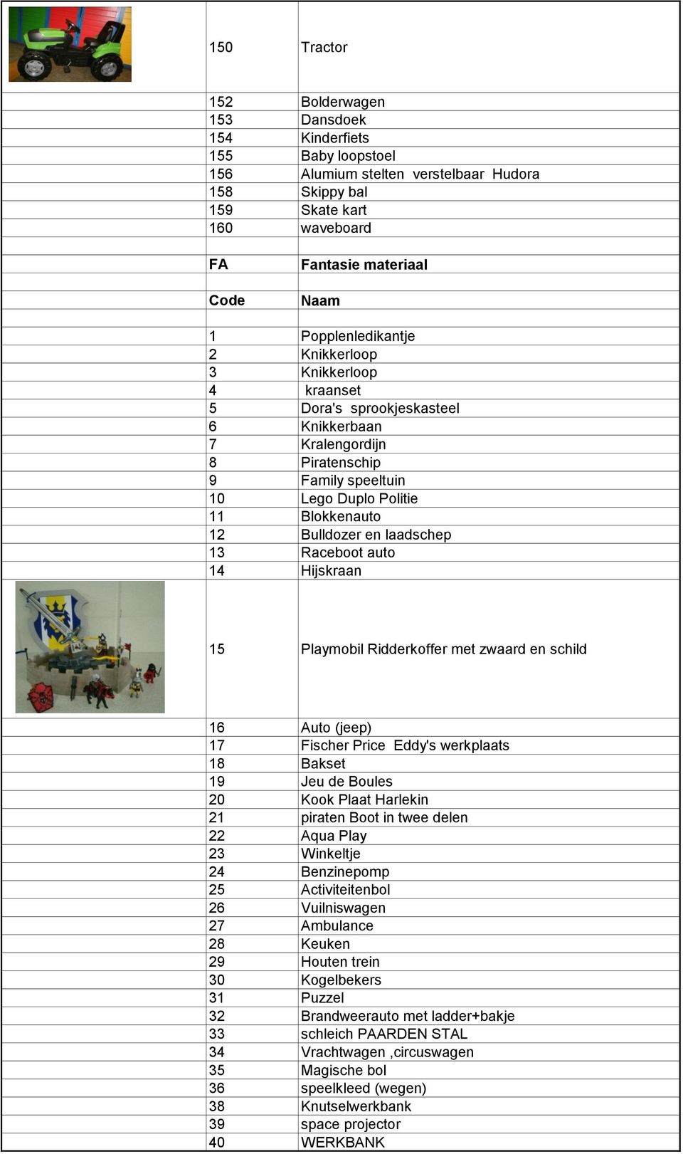 laadschep 13 Raceboot auto 14 Hijskraan 15 Playmobil Ridderkoffer met zwaard en schild 16 Auto (jeep) 17 Fischer Price Eddy's werkplaats 18 Bakset 19 Jeu de Boules 20 Kook Plaat Harlekin 21 piraten