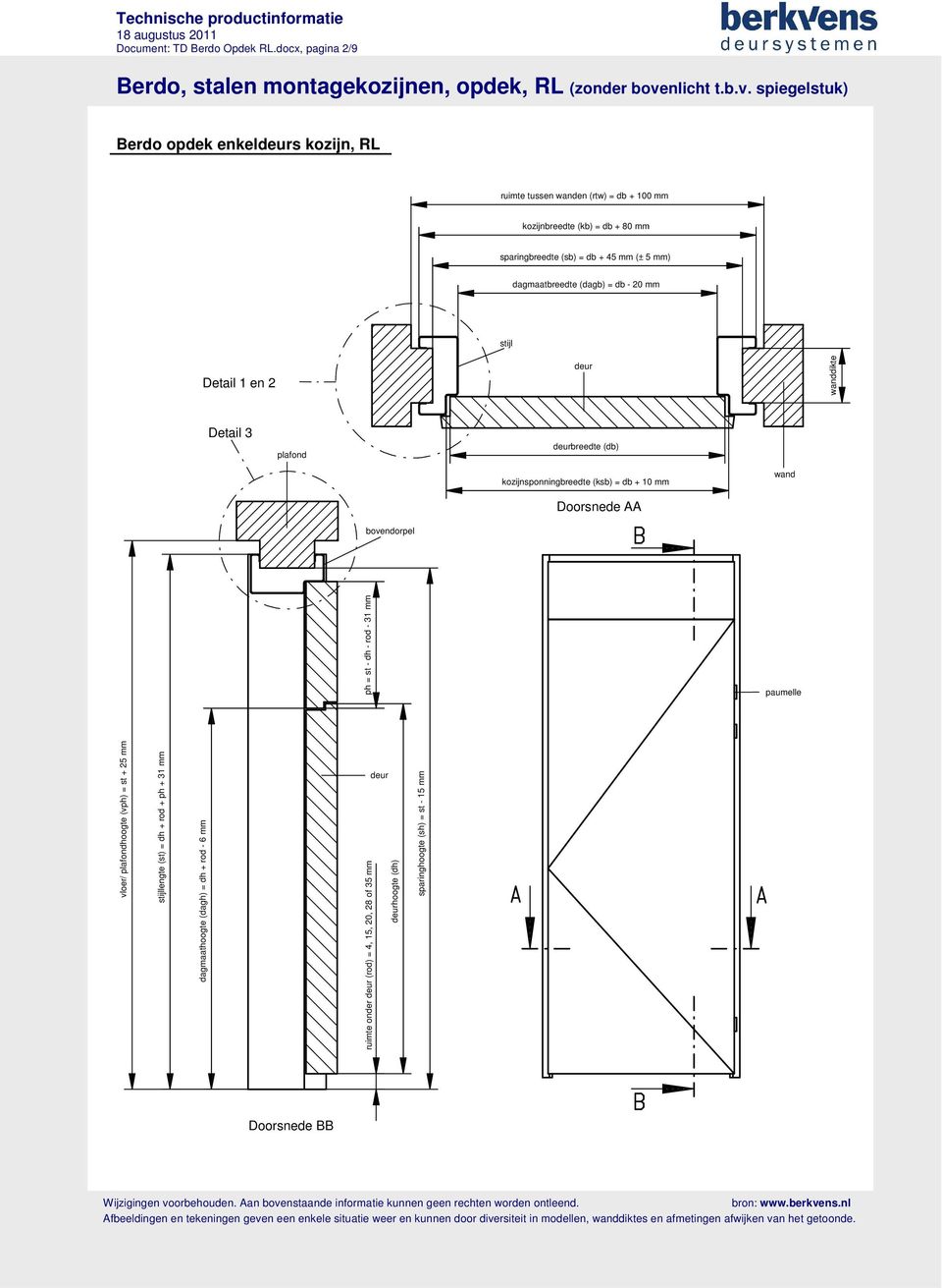 (± 5 mm) dagmaatbreedte (dagb) = db - 20 mm stijl Detail 1 en 2 dikte Detail 3 plafond breedte (db) kozijnsponningbreedte (ksb) = db + 10 mm