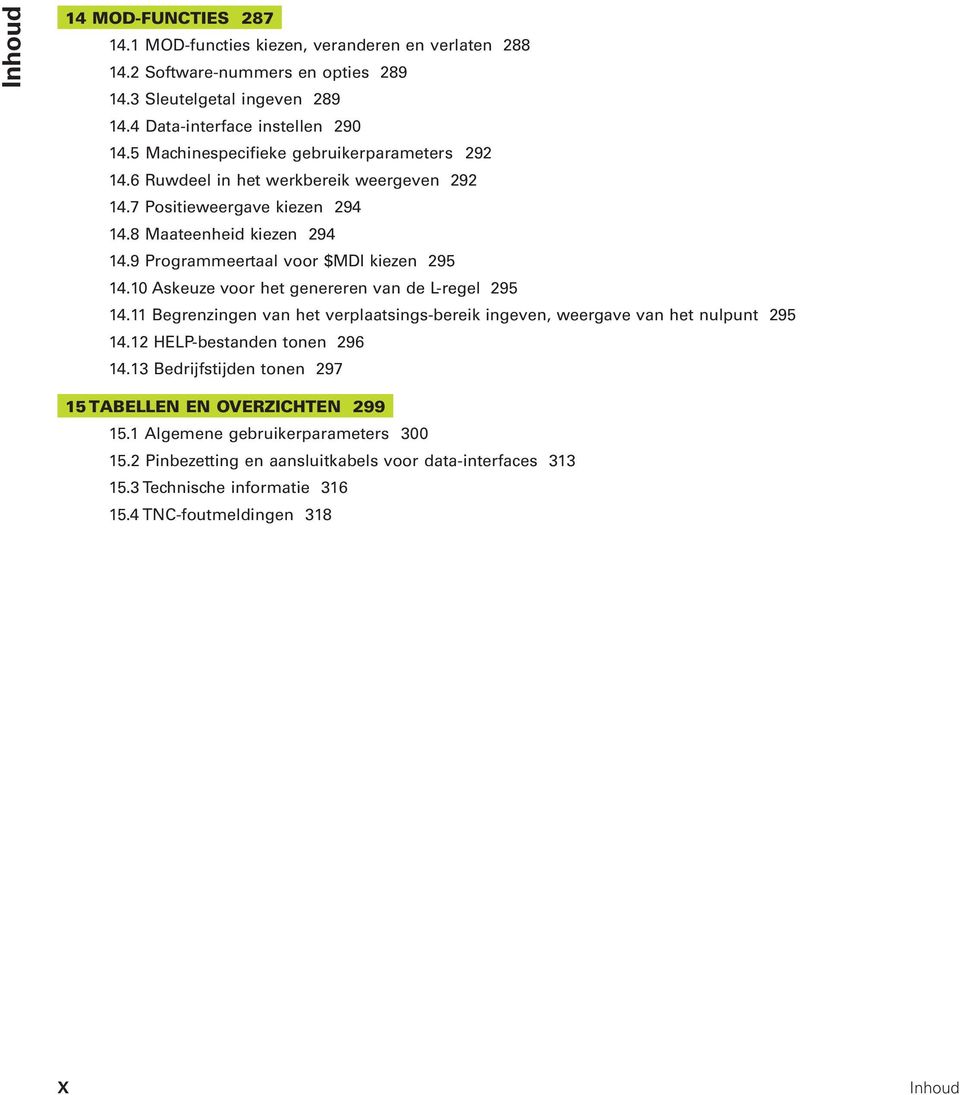 9 Programmeertaal voor $MDI kiezen 295 14.10 Askeuze voor het genereren van de L-regel 295 14.11 Begrenzingen van het verplaatsings-bereik ingeven, weergave van het nulpunt 295 14.