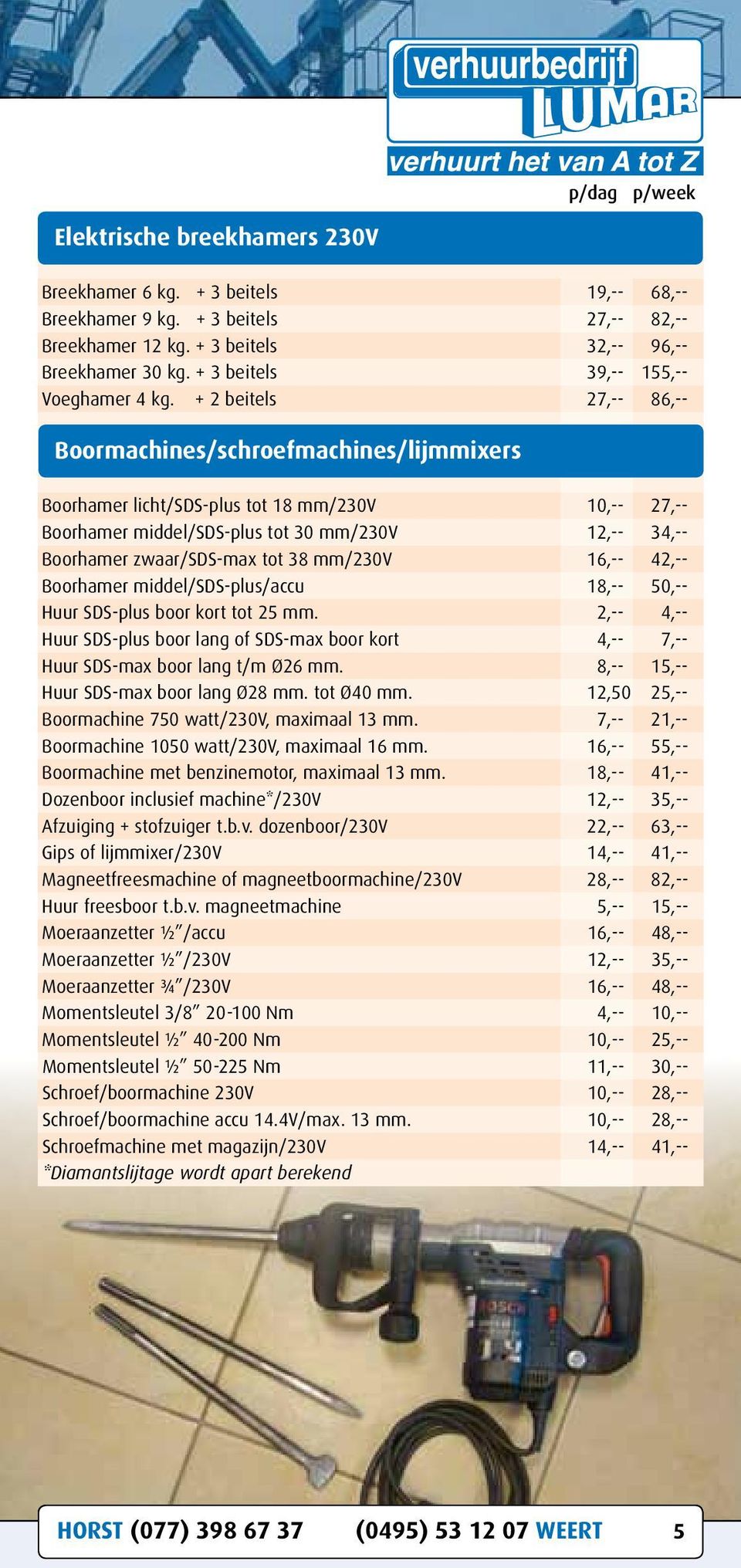 + 2 beitels 27,-- 86,-- Boormachines/schroefmachines/lijmmixers Boorhamer licht/sds-plus tot 18 mm/230v 10,-- 27,-- Boorhamer middel/sds-plus tot 30 mm/230v 12,-- 34,-- Boorhamer zwaar/sds-max tot 38