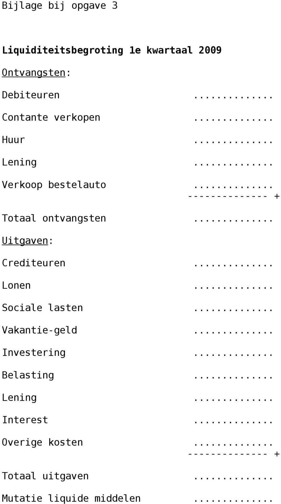 .. -------------- + Totaal ontvangsten... Uitgaven: Crediteuren... Lonen... Sociale lasten.