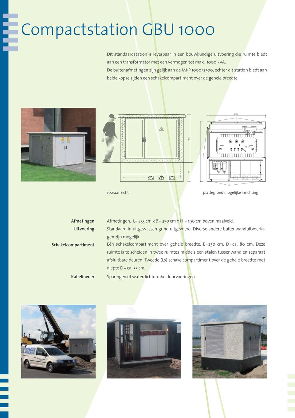 vooraanzicht plattegrond mogelijke inrichting Afmetingen Uitvoering Schakelcompartiment Kabelinvoer Afmetingen: L= 255 cm x B= 250 cm x H = 190 cm boven maaiveld.