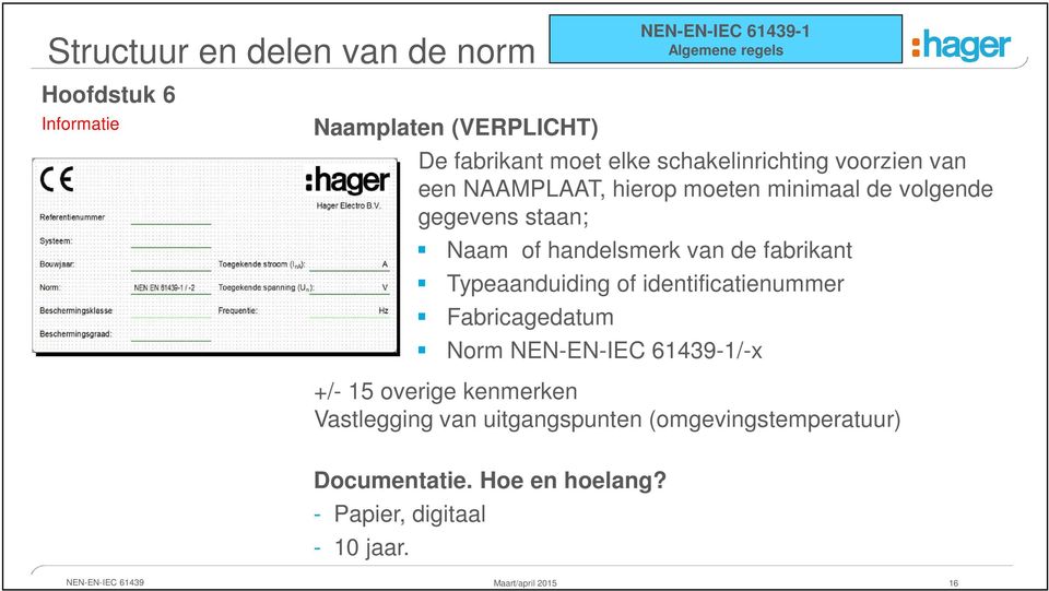 fabrikant Typeaanduiding of identificatienummer Fabricagedatum Norm NEN-EN-IEC 61439-1/-x +/- 15 overige kenmerken Vastlegging van