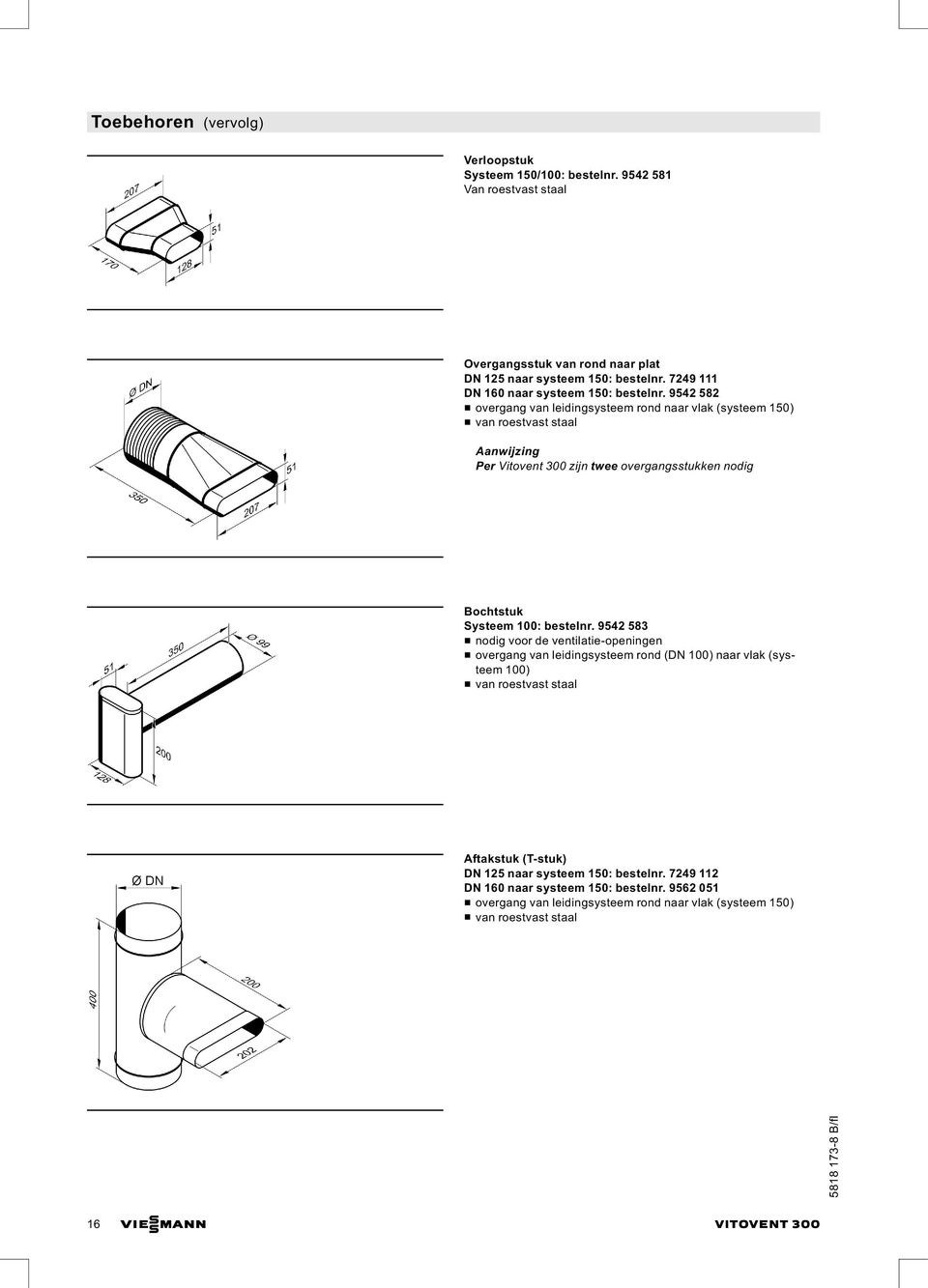 9542 582 & overgang van leidingsysteem rond naar vlak (systeem 150) & van roestvast staal Aanwijzing Per Vitovent 300 zijn twee overgangsstukken nodig Bochtstuk Systeem 100: bestelnr.