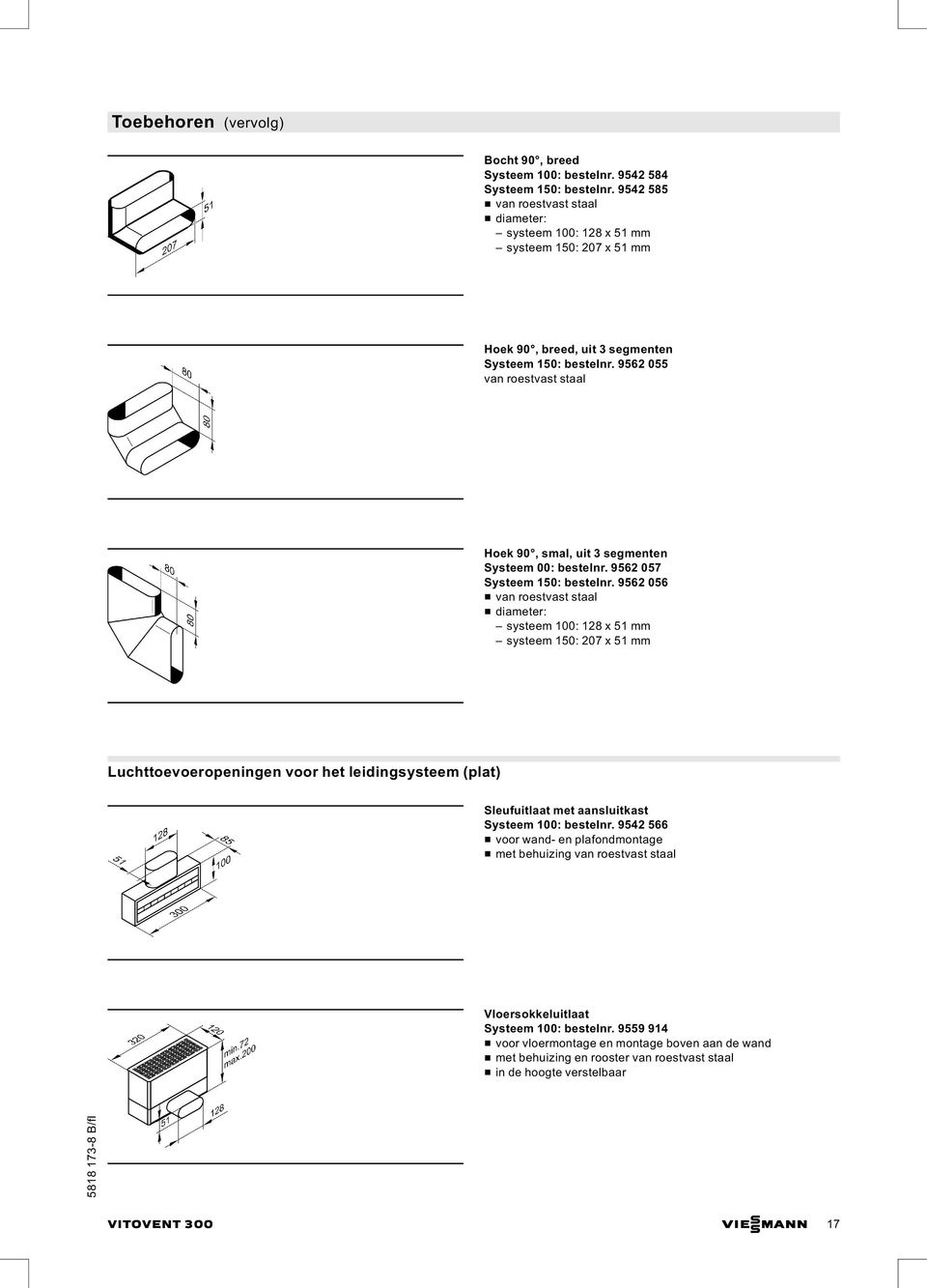 9562 055 van roestvast staal Hoek 90, smal, uit 3 segmenten Systeem 00: bestelnr. 9562 057 Systeem 150: bestelnr.