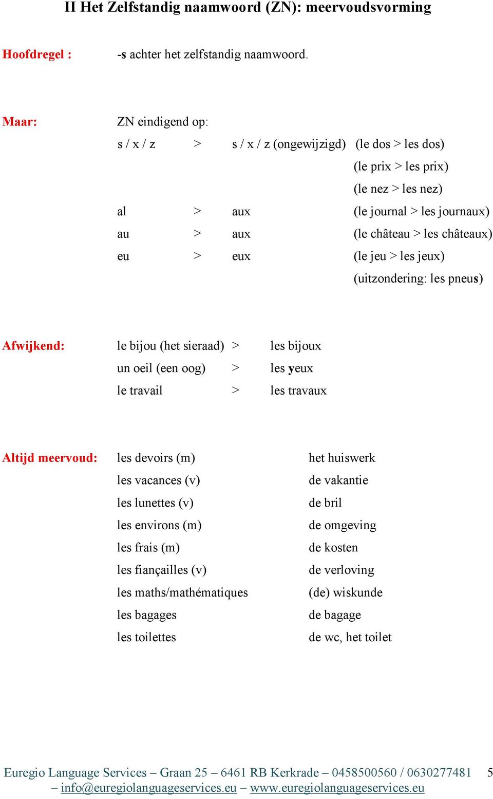 châteaux) eu > eux (le jeu > les jeux) (uitzondering: les pneus) Afwijkend: le bijou (het sieraad) > les bijoux un oeil (een oog) > les yeux le travail > les travaux Altijd meervoud: