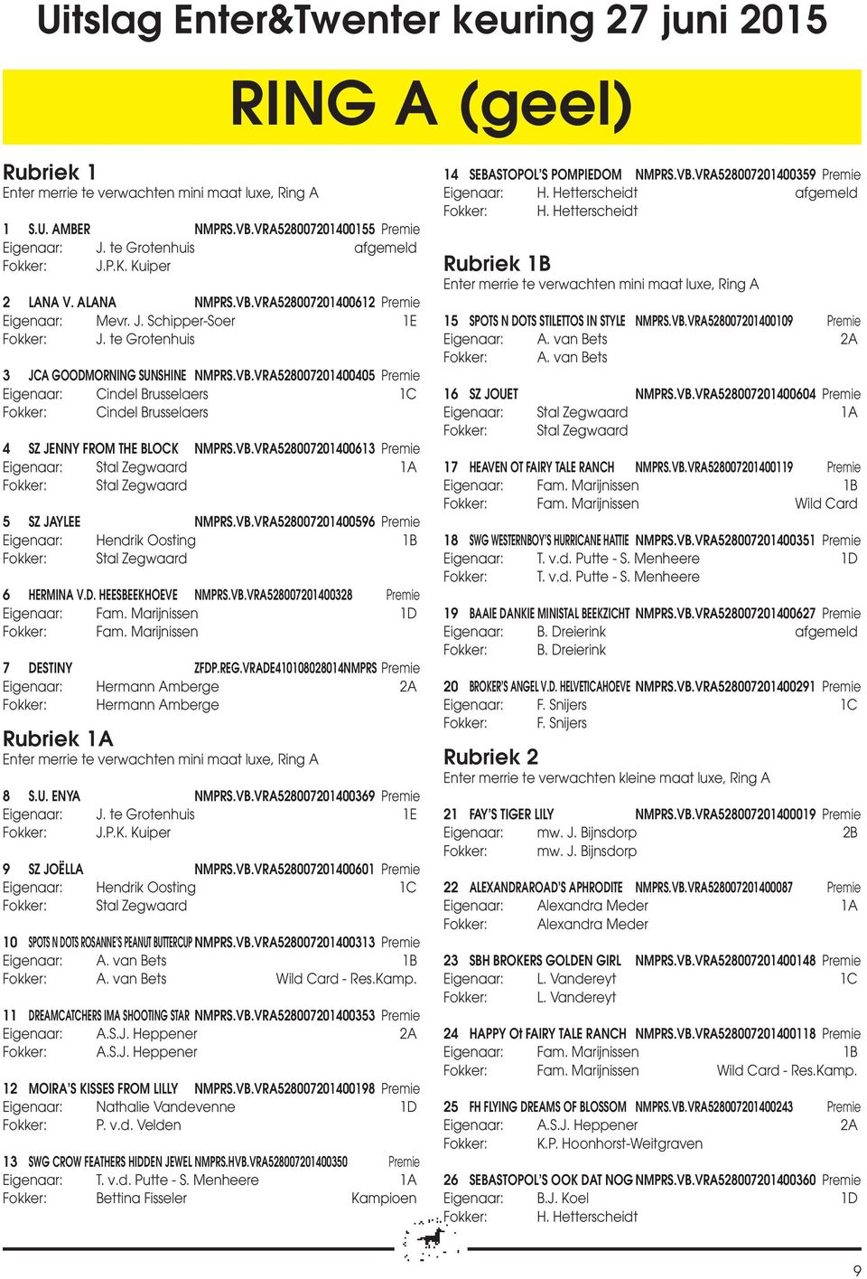 VB.VRA528007201400613 Premie Eigenaar: Stal Zegwaard 1A Fokker: Stal Zegwaard 5 SZ JAYLEE NMPRS.VB.VRA528007201400596 Premie Eigenaar: Hendrik Oosting 1B Fokker: Stal Zegwaard 6 HERMINA V.D.