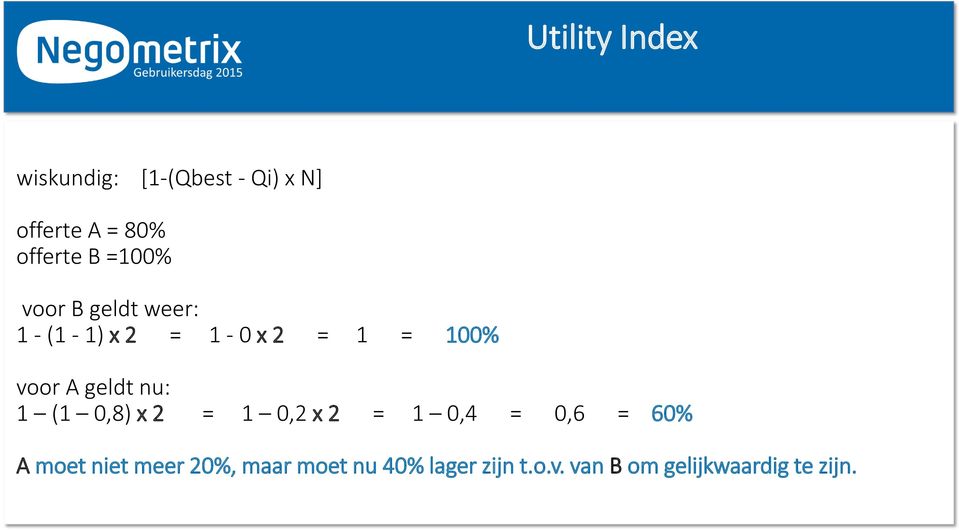 voor A geldt nu: 1 (1 0,8) x 2 = 1 0,2 x 2 = 1 0,4 = 0,6 = 60% A moet