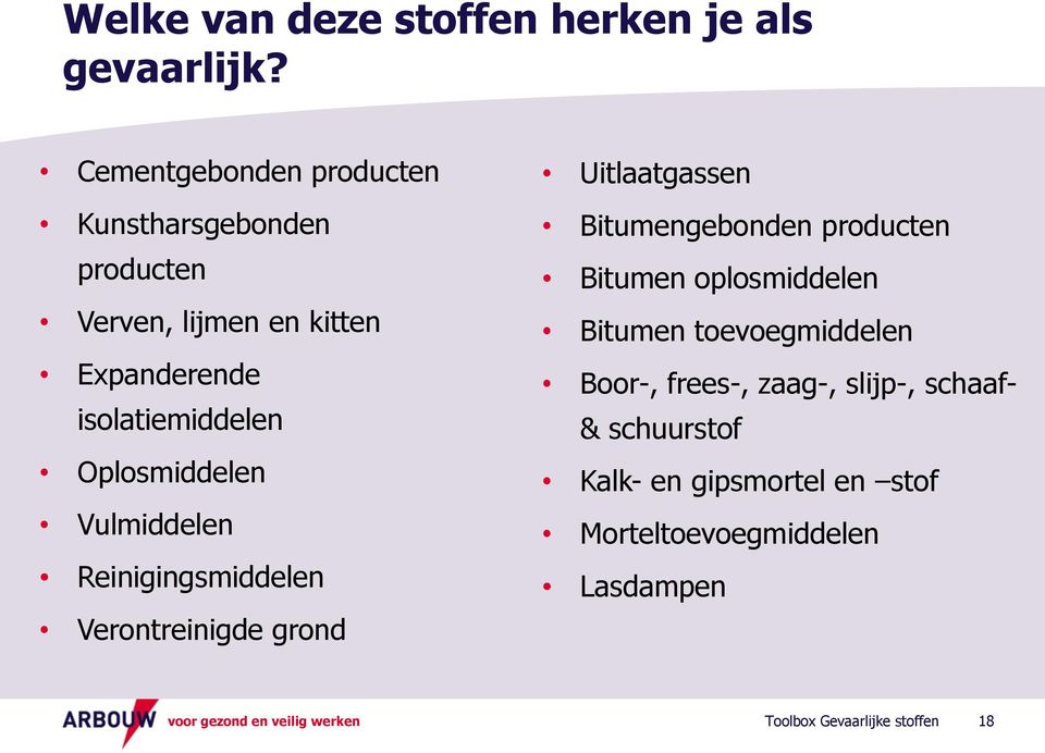 isolatiemiddelen Oplosmiddelen Vulmiddelen Reinigingsmiddelen Verontreinigde grond Uitlaatgassen