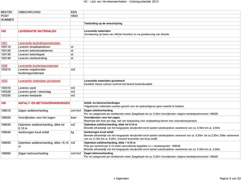 funderingsmateriaal m3 1053 Leverantie materialen grondwerk Leverantie materialen grondwerk Kwaliteit: klasse schoon conform het besluit bodemkwaliteit 105310 Leveren zand m3 105320 Leveren grind /