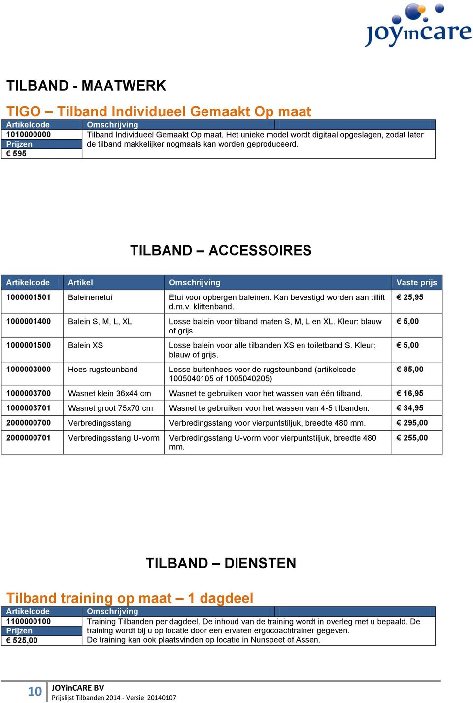 595 TILBAND ACCESSOIRES Artikel Omschrijving Vaste prijs 1000001501 Baleinenetui Etui voor opbergen baleinen. Kan bevestigd worden aan tillift d.m.v. klittenband.