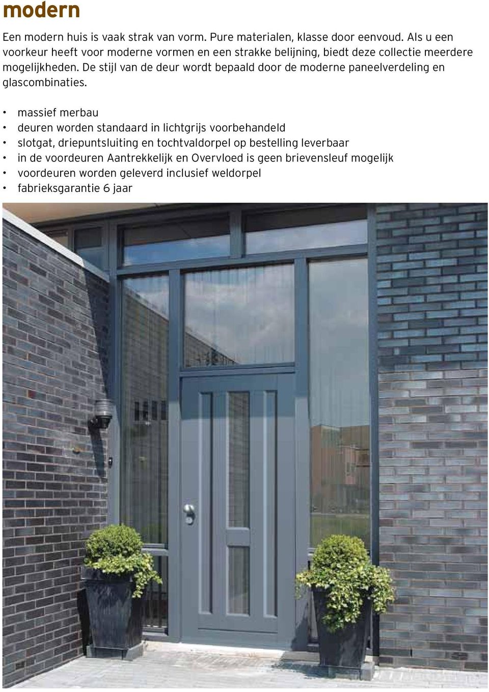 De stijl van de deur wordt bepaald door de moderne paneelverdeling en glascombinaties.