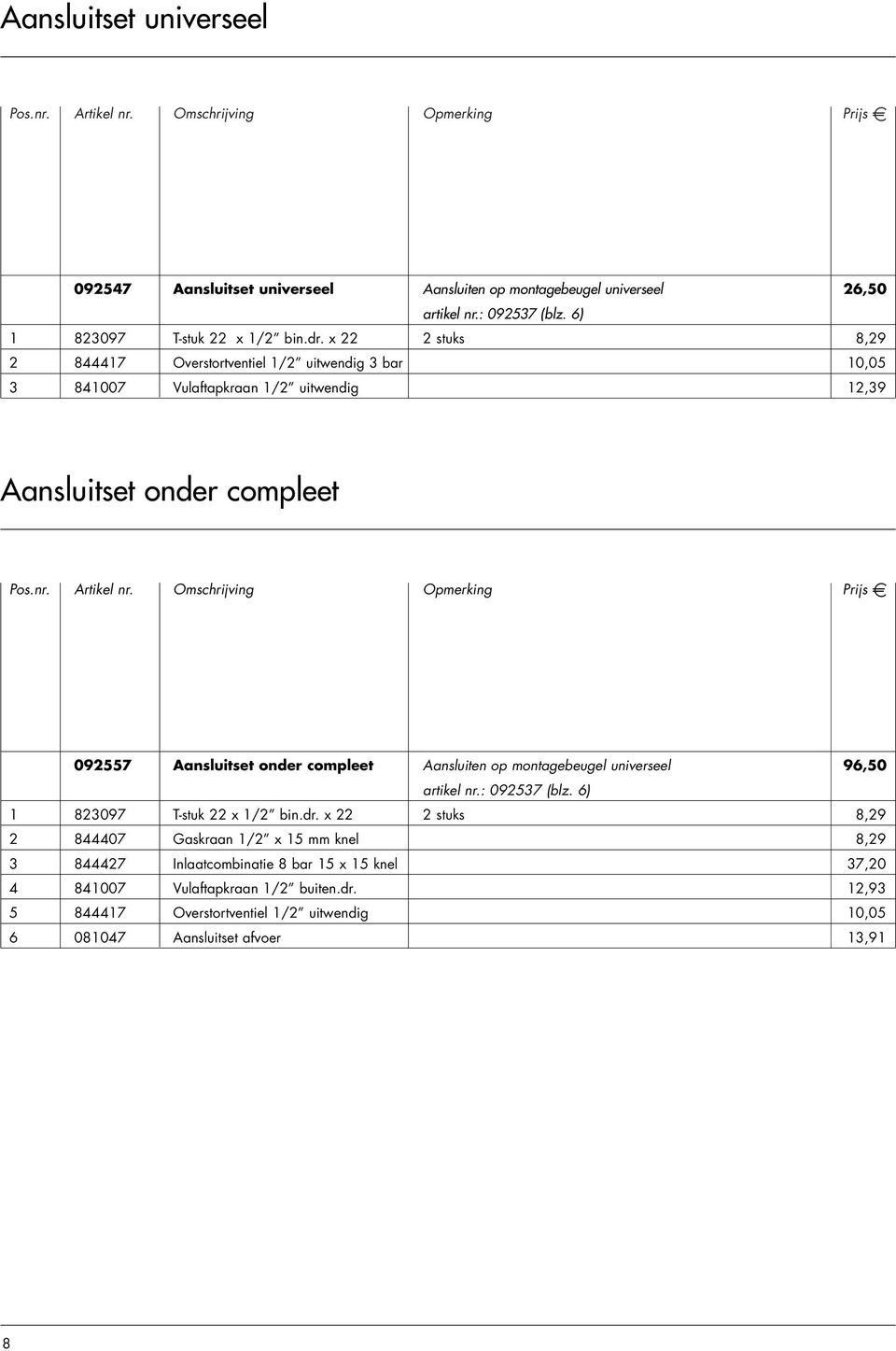 compleet Aansluiten op montagebeugel universeel 96,50 artikel nr.: 092537 (blz. 6) 1 823097 T-stuk 22 x 1/2 bin.dr.