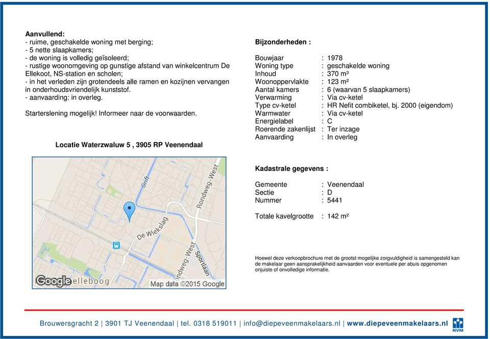 Locatie Waterzwaluw 5, 3905 RP Veenendaal Bijzonderheden : Bouwjaar : 1978 Woning type : geschakelde woning Inhoud : 370 m³ Woonoppervlakte : 123 m² Aantal kamers : 6 (waarvan 5 slaapkamers)