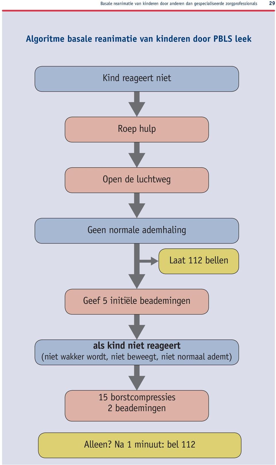 normale ademhaling Laat 112 bellen Geef 5 initiële beademingen als kind niet reageert (niet wakker