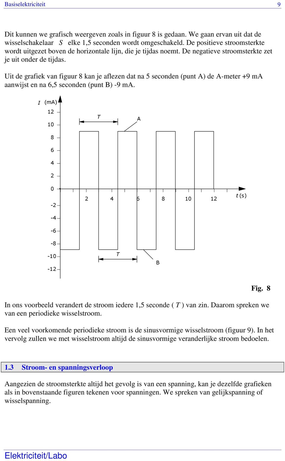 it de grafiek van figuur 8 kan je aflezen dat na 5 seconden (punt A) de A-meter +9 ma aanwijst en na 6,5 seconden (punt B) -9 ma. (ma) 1 1 10 T A 8 6 4 0-4 6 8 10 1 1 t (s) -4-6 -8-10 -1 T B Fig.