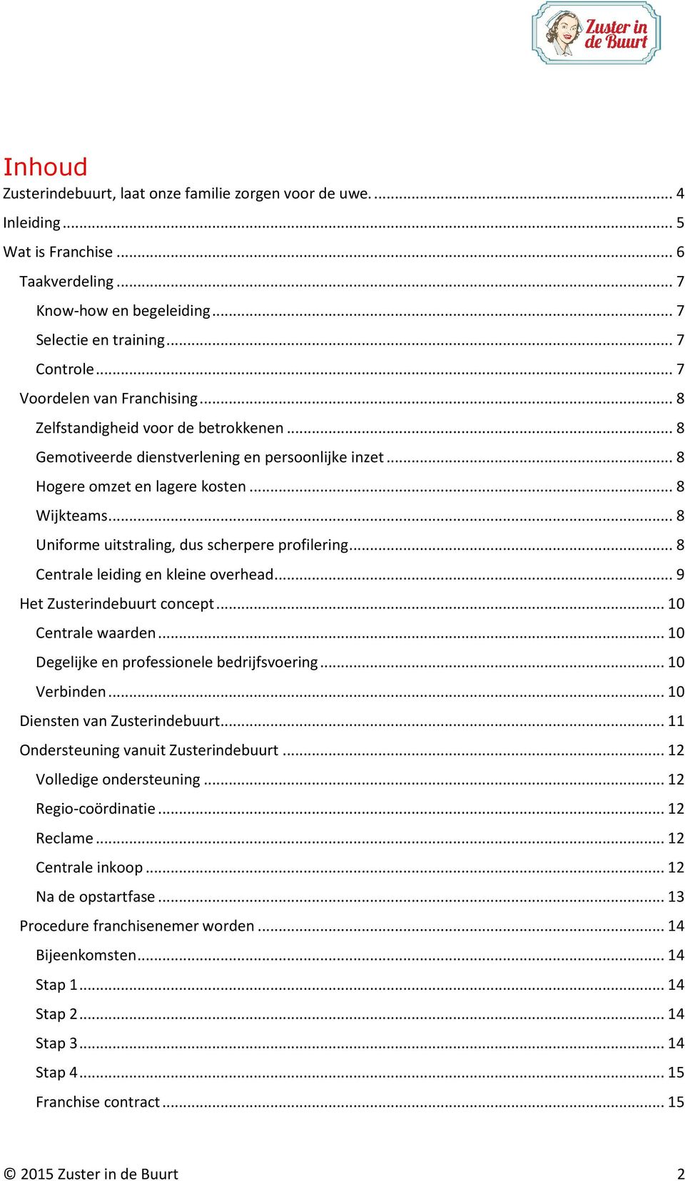 .. 8 Uniforme uitstraling, dus scherpere profilering... 8 Centrale leiding en kleine overhead... 9 Het Zusterindebuurt concept... 10 Centrale waarden... 10 Degelijke en professionele bedrijfsvoering.