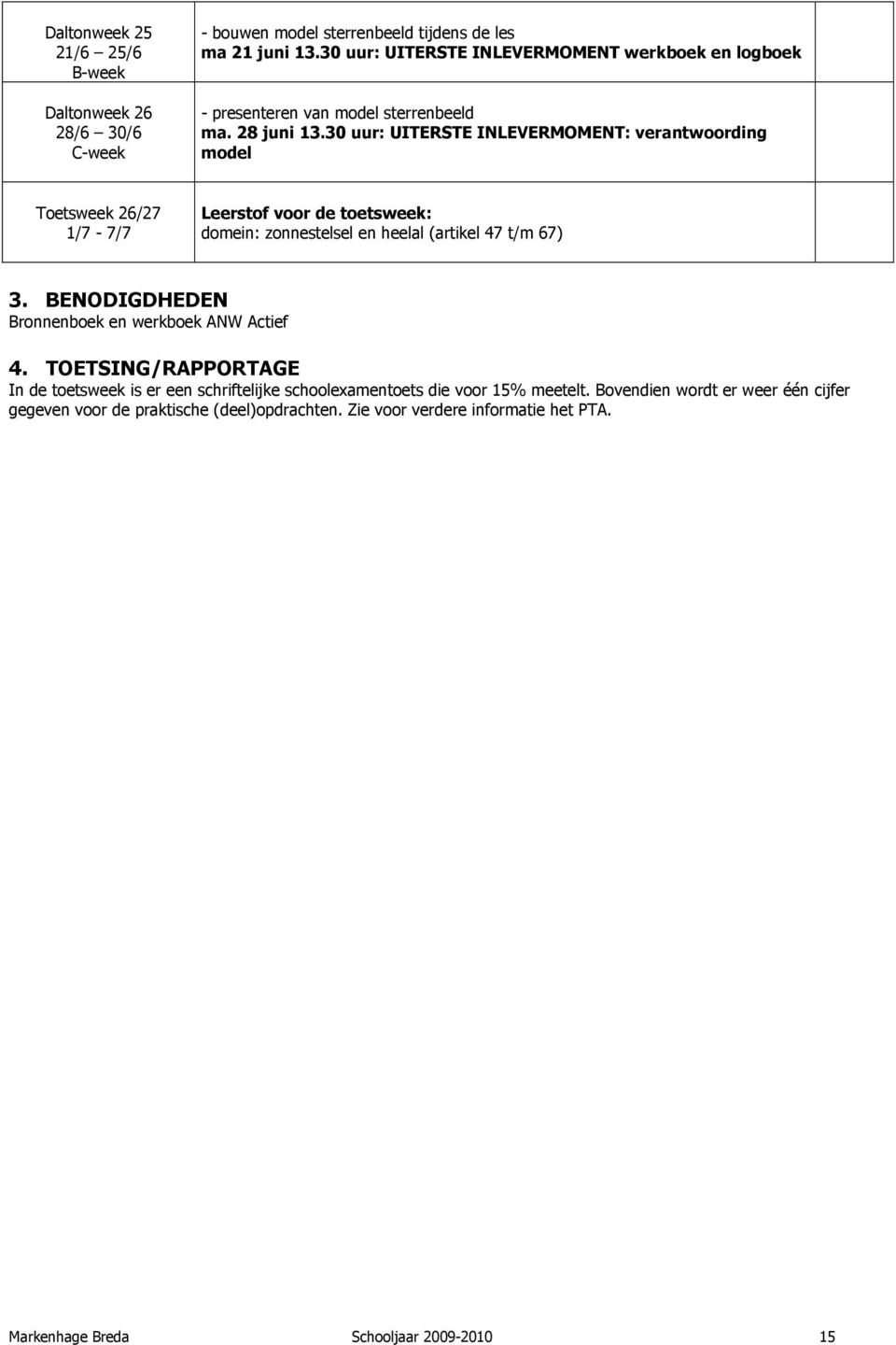 30 uur: UITERSTE INLEVERMOMENT: verantwoording model domein: zonnestelsel en heelal (artikel 47 t/m 67) Bronnenboek en werkboek ANW