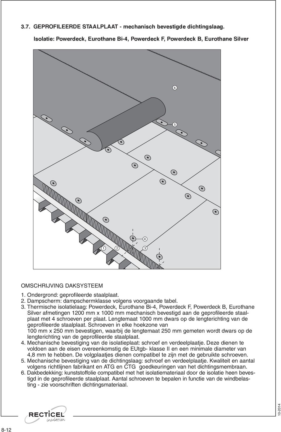 . Thermische isolatielaag: Powerdeck, Eurothane Bi-, Powerdeck F, Powerdeck B, Eurothane Silver afmetingen 1200 mm x 1000 mm mechanisch bevestigd aan de geprofileerde staalplaat met schroeven per