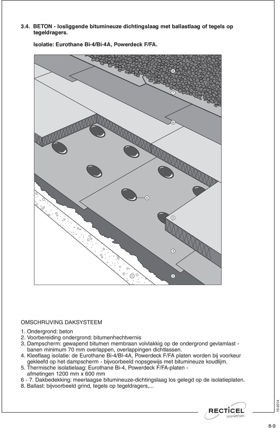 . Kleeflaag isolatie: de Eurothane Bi-/BI-A, Powerdeck F/FA platen worden bij voorkeur gekleefd op het dampscherm - bijvoorbeeld nopsgewijs met bitumineuze koudlijm.