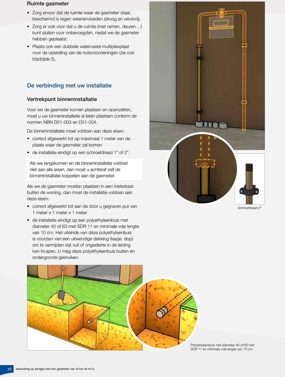 De verbinding met uw installatie Vertrekpunt binneninstallatie Voor we de gasmeter komen plaatsen en openzetten, moet u uw binneninstallatie al laten plaatsen conform de normen NBN D51-003 en D51-004.