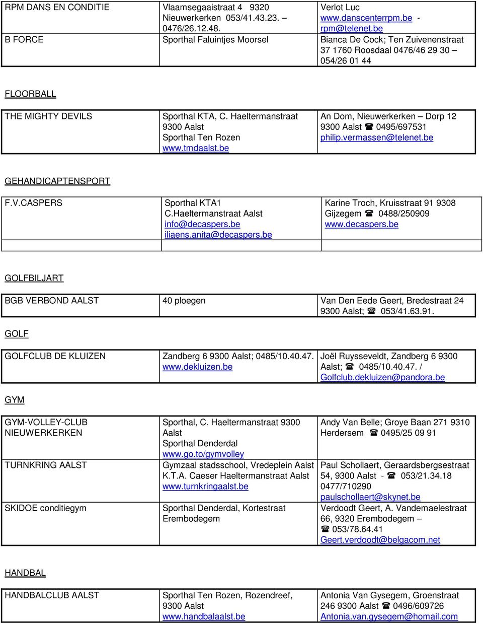 Haeltermanstraat Sporthal Ten Rozen www.tmdaalst.be An Dom, Nieuwerkerken Dorp 12 0495/697531 philip.vermassen@telenet.be GEHANDICAPTENSPORT F.V.CASPERS Sporthal KTA1 C.