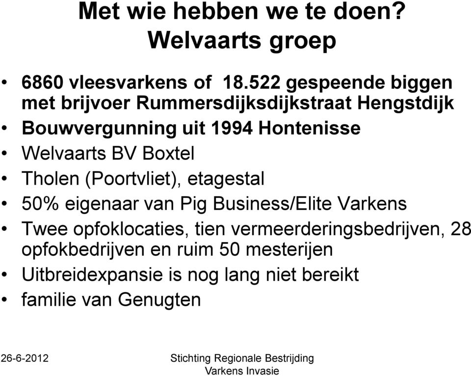 Welvaarts BV Boxtel Tholen (Poortvliet), etagestal 50% eigenaar van Pig Business/Elite Varkens Twee
