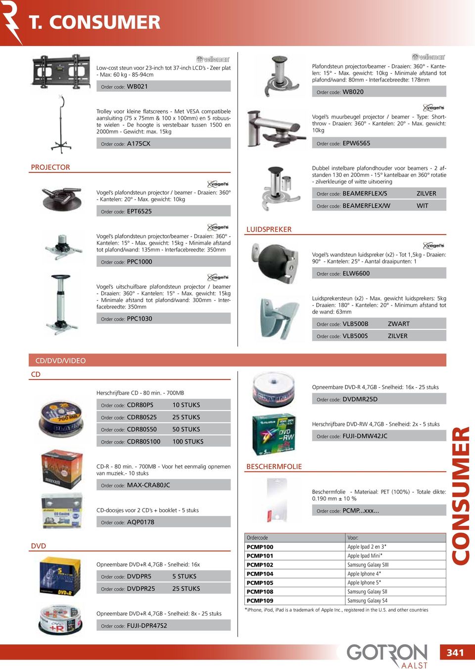 robuuste wielen - De hoogte is verstelbaar tussen 1500 en 2000mm - Gewicht: max. 15kg Order code: A175CX Vogel s muurbeugel projector / beamer - Type: Shortthrow - Draaien: 360 - Kantelen: 20 - Max.