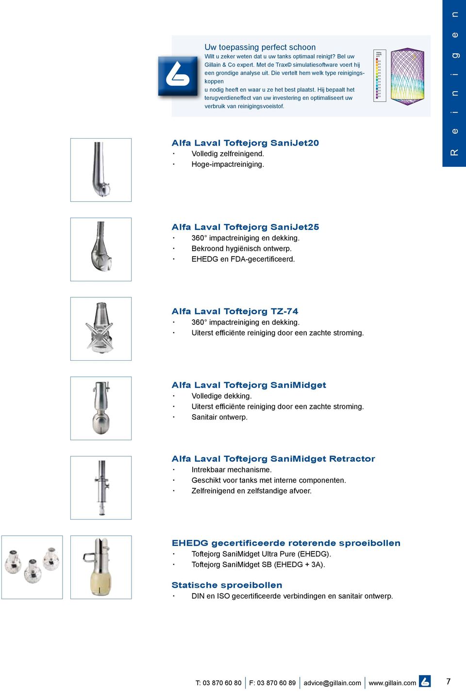 Alfa Laval Toftejorg SaniJet20 Volledig zelfreinigend. Hoge-impactreiniging. R e i n i g e n Alfa Laval Toftejorg SaniJet25 360 impactreiniging en dekking. Bekroond hygiënisch ontwerp.