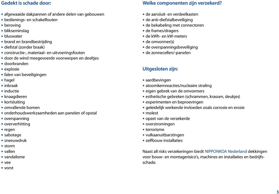 onderhoudswerkzaamheden aan panelen of opstal overspanning oververhitting regen sabotage sneeuwdruk storm vallen vandalisme vee vorst Welke componenten zijn verzekerd?