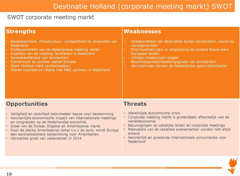 met M&C partners in Nederland Weaknesses Onbekendheid van destinaties buiten Amsterdam, vooral bij verwegmarkten Prijs/kwaliteit ratio in vergelijking tot andere Noord-west Europese landen (Groep)