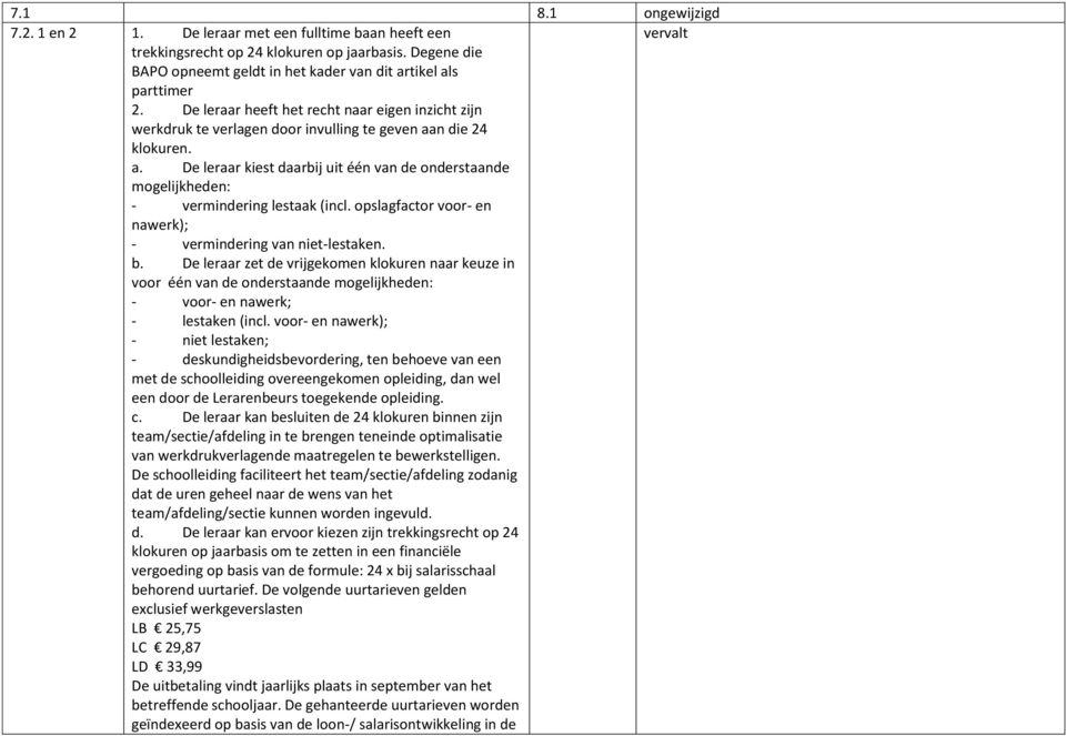 opslagfactor voor- en nawerk); - vermindering van niet-lestaken. b. De leraar zet de vrijgekomen klokuren naar keuze in voor één van de onderstaande mogelijkheden: - voor- en nawerk; - lestaken (incl.