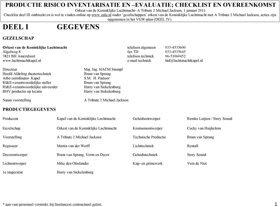 nl Directeur Hoofd Afdeling theatertechniek Arbo coördinator Kapel RI&E-verantwoordelijke steller RI&E-verantwoordelijke uitvoerder BHV productie op locatie Naam voorstelling Maj. Ing.