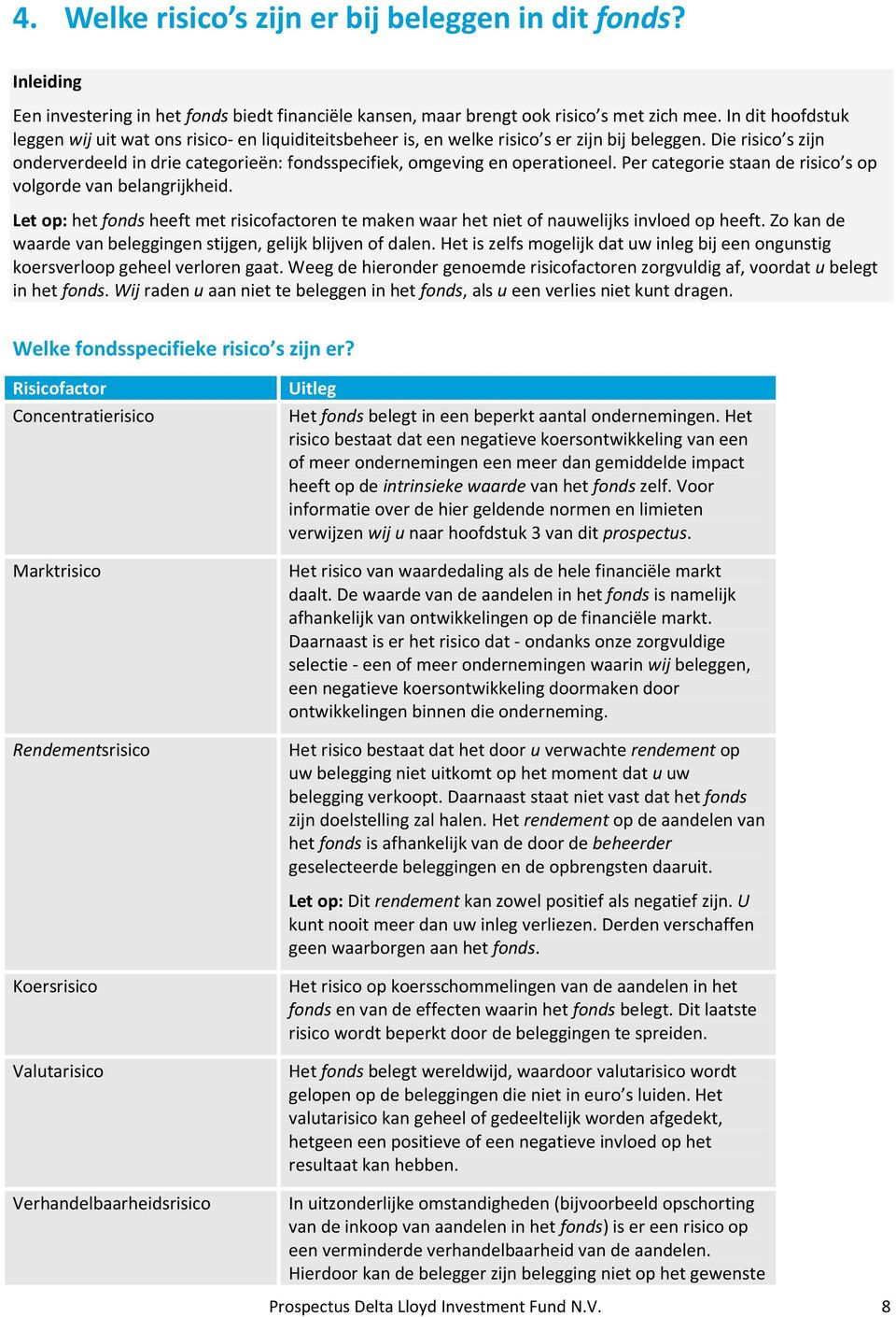 Die risico s zijn onderverdeeld in drie categorieën: fondsspecifiek, omgeving en operationeel. Per categorie staan de risico s op volgorde van belangrijkheid.