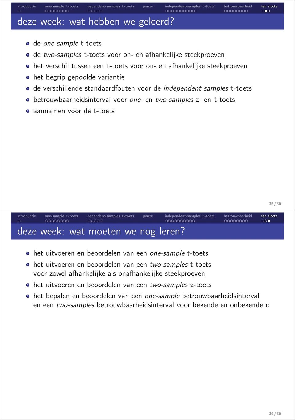 verschillende standaardfouten voor de independent samples t-toets betrouwbaarheidsinterval voor one- en two-samples z- en t-toets aannamen voor de t-toets 35/36 deze week: wat moeten we nog leren?