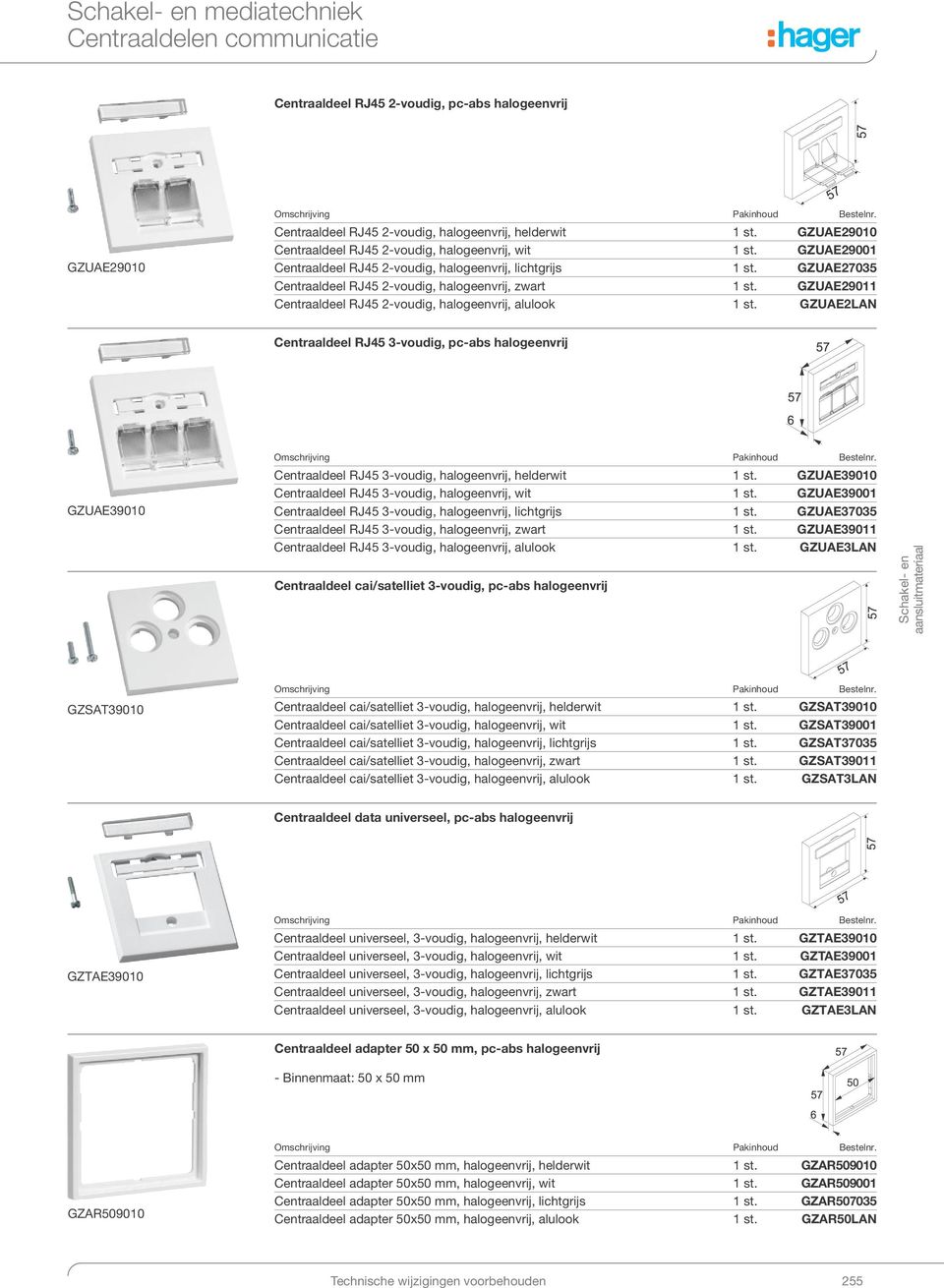 halogeenvrĳ, alulook GZUAE2LAN Centraaldeel RJ45 3-voudig, pc-abs halogeenvrĳ GZUAE39010 Omschrĳ ving Centraaldeel RJ45 3-voudig, halogeenvrĳ, helderwit GZUAE39010 Centraaldeel RJ45 3-voudig,