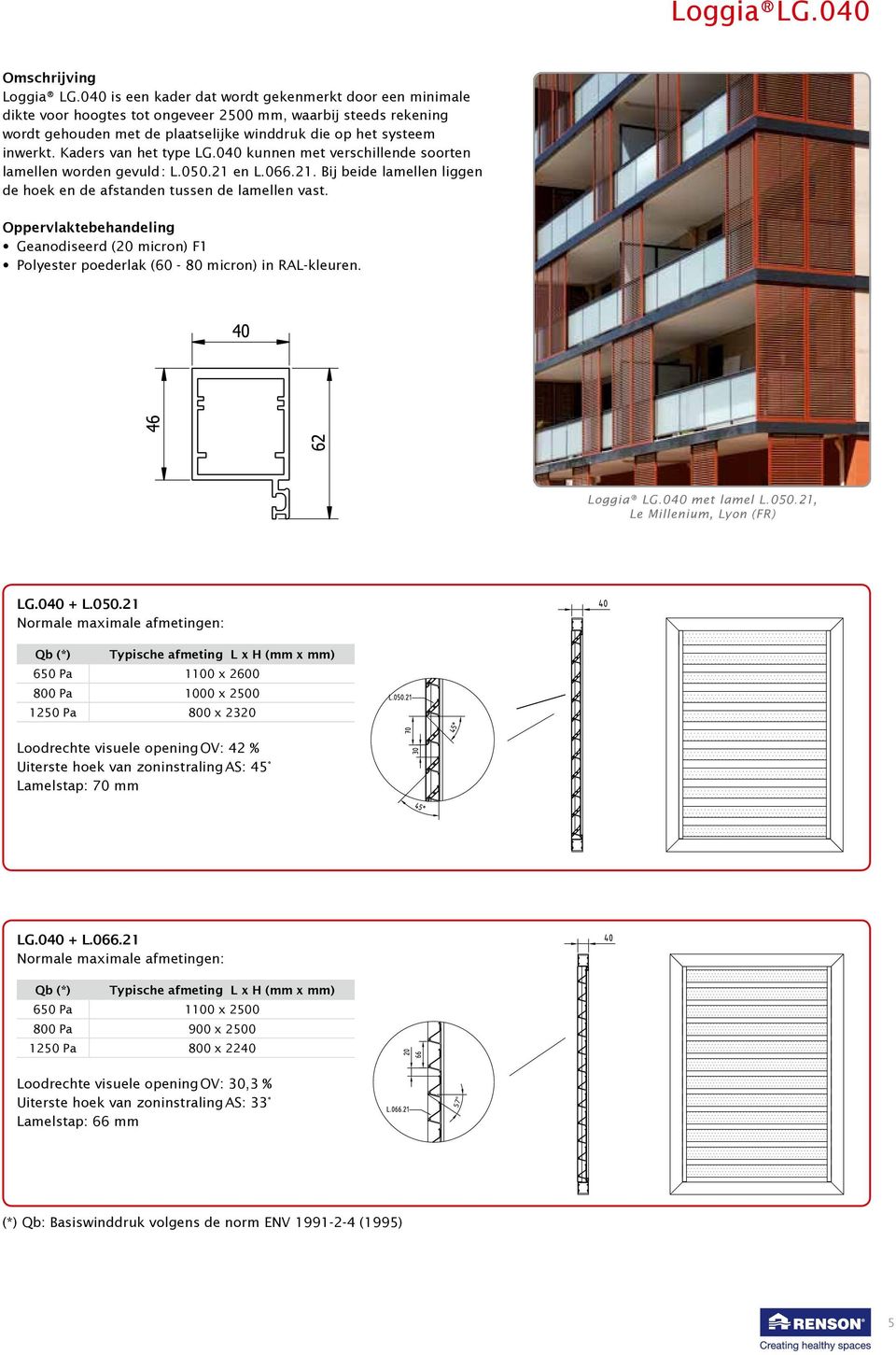 Kaders van het type LG.040 kunnen met verschillende soorten lamellen worden gevuld : L.050.21 en L.066.21. Bij beide lamellen liggen de hoek en de afstanden tussen de lamellen vast.