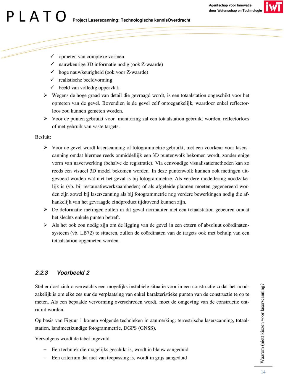 Voor de punten gebruikt voor monitoring zal een totaalstation gebruikt worden, reflectorloos of met gebruik van vaste targets.