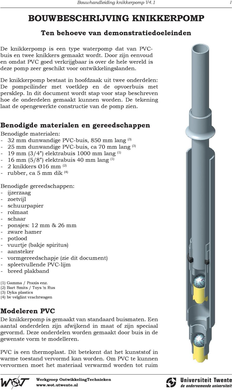 De knikkerpomp bestaat in hoofdzaak uit twee onderdelen: De pompcilinder met voetklep en de opvoerbuis met persklep.