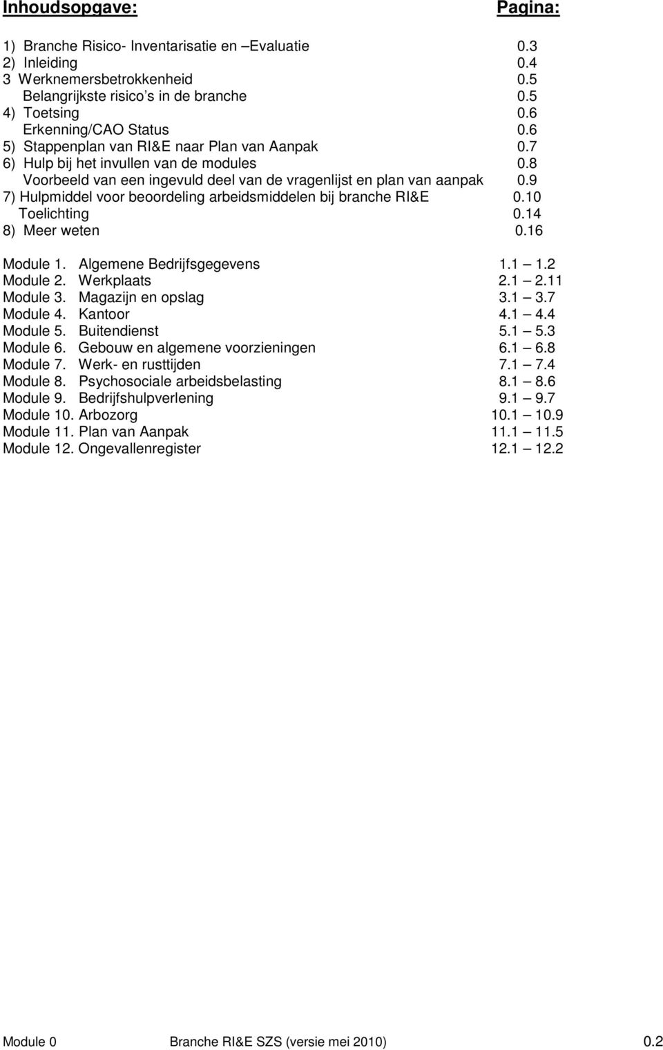 9 7) Hulpmiddel voor beoordeling arbeidsmiddelen bij branche RI&E 0.10 Toelichting 0.14 8) Meer weten 0.16 Module 1. Algemene Bedrijfsgegevens 1.1 1.2 Module 2. Werkplaats 2.1 2.11 Module 3.