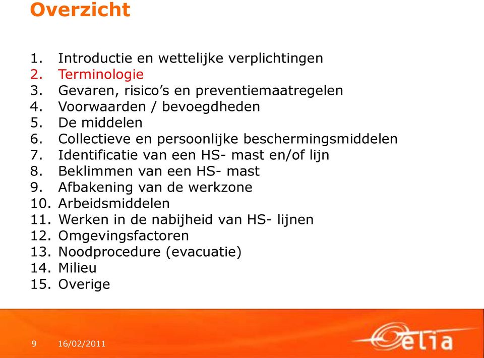 Identificatie van een HS- mast en/of lijn 8. Beklimmen van een HS- mast 9. Afbakening van de werkzone 10.