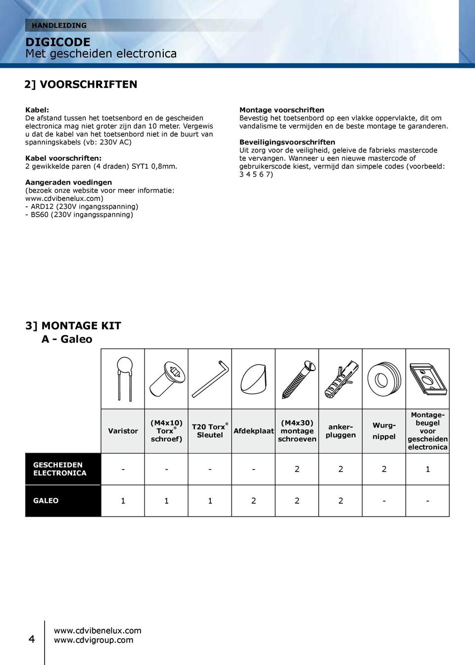 Aangeraden voedingen (bezoek onze website voor meer informatie: ) - ARD12 (230V ingangsspanning) - BS60 (230V ingangsspanning) Montage voorschriften Bevestig het toetsenbord op een vlakke