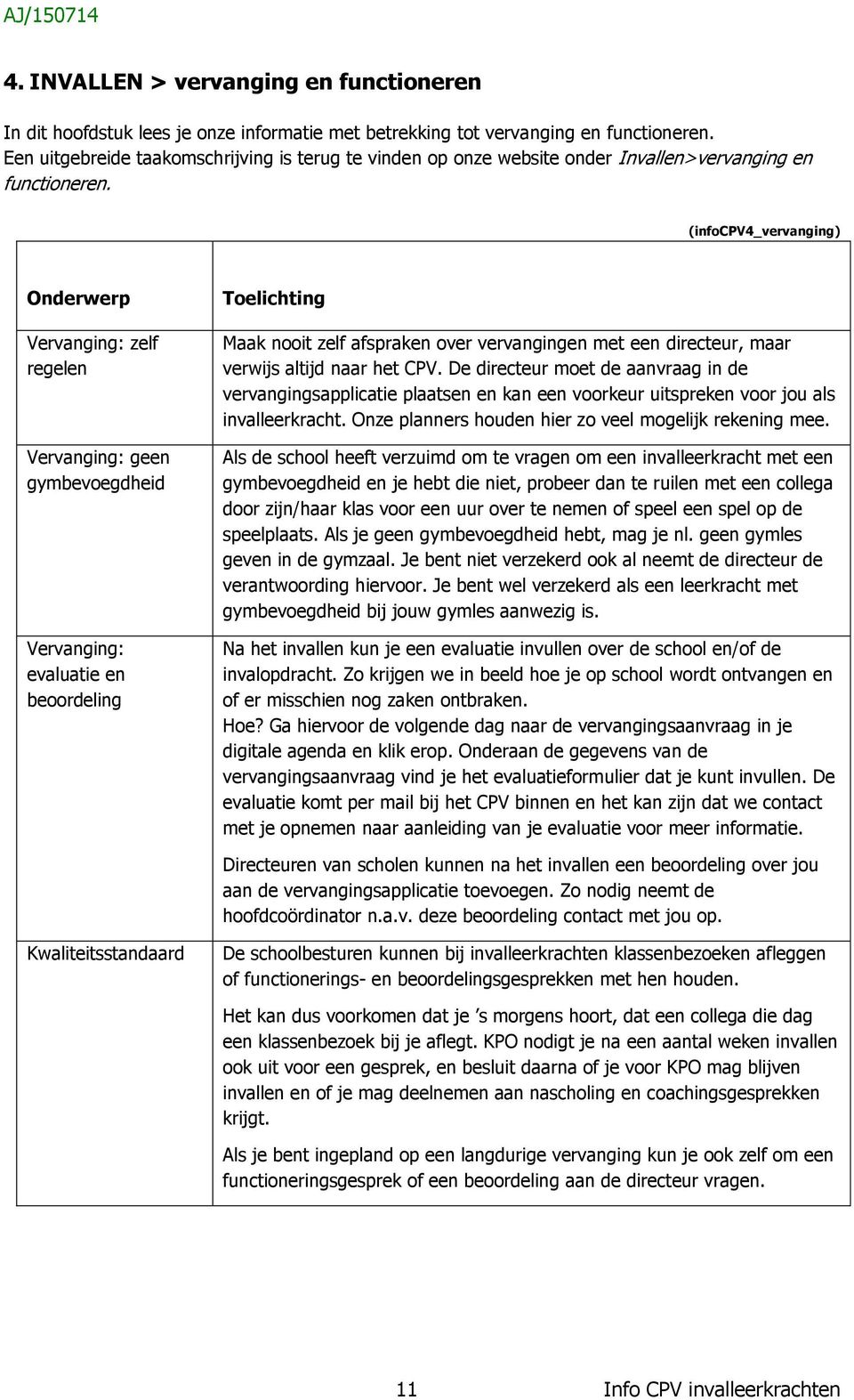 (infocpv4_vervanging) Vervanging: zelf regelen Vervanging: geen gymbevoegdheid Vervanging: evaluatie en beoordeling Maak nooit zelf afspraken over vervangingen met een directeur, maar verwijs altijd