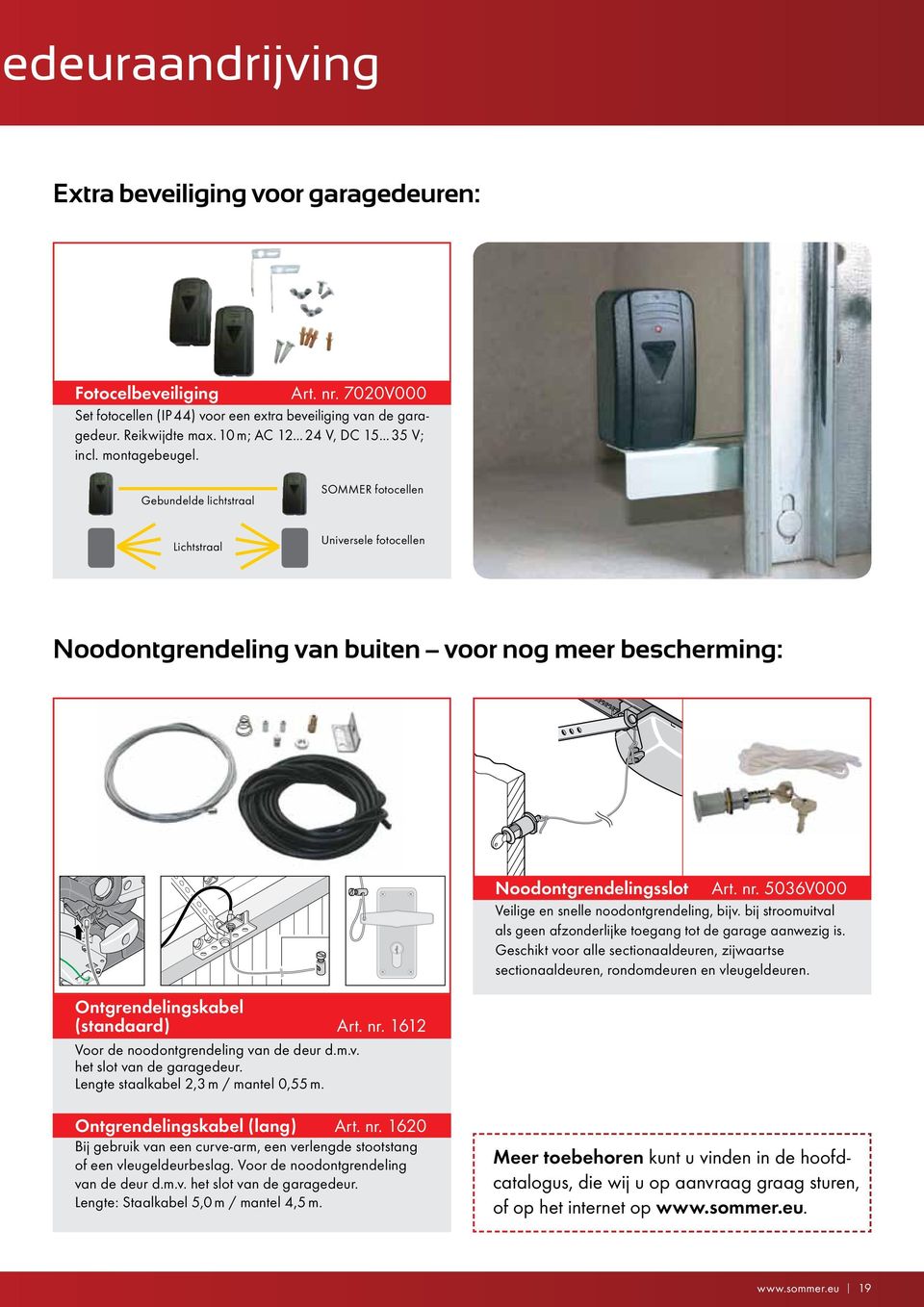 Gebundelde lichtstraal SOMMER fotocellen Lichtstraal Universele fotocellen Noodontgrendeling van buiten _ voor nog meer bescherming: Ontgrendelingskabel (standaard) Art. nr.