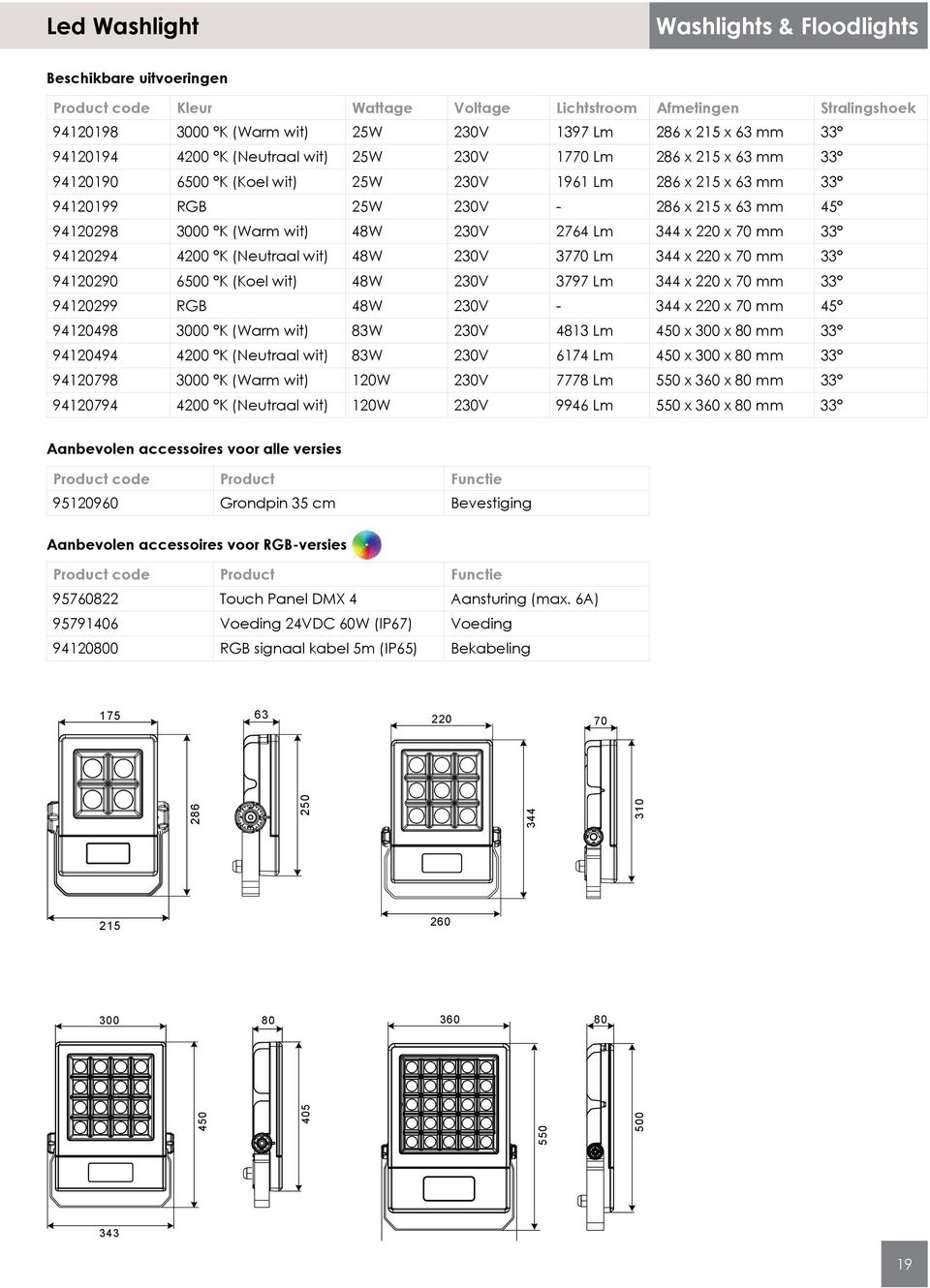 (Warm wit) 48W 230V 2764 Lm 344 x 220 x 70 mm 33 94120294 4200 K (Neutraal wit) 48W 230V 3770 Lm 344 x 220 x 70 mm 33 94120290 6500 K (Koel wit) 48W 230V 3797 Lm 344 x 220 x 70 mm 33 94120299 RGB 48W