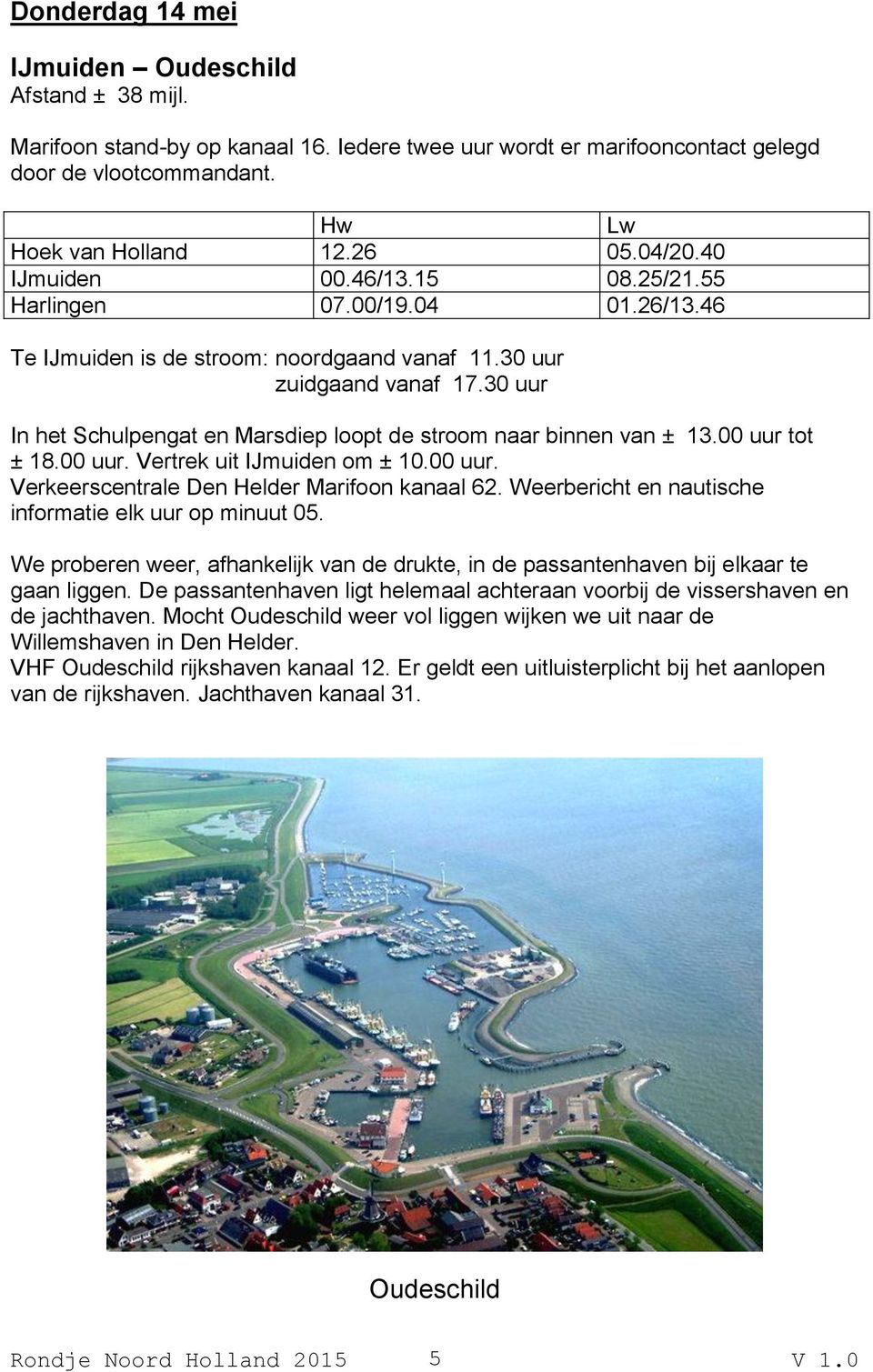 30 uur In het Schulpengat en Marsdiep loopt de stroom naar binnen van ± 13.00 uur tot ± 18.00 uur. Vertrek uit IJmuiden om ± 10.00 uur. Verkeerscentrale Den Helder Marifoon kanaal 62.