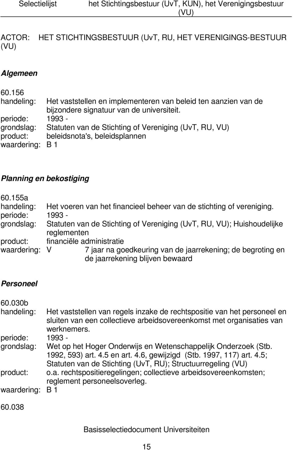 periode: 1993 - Statuten van de Stichting of Vereniging (UvT, RU, VU) product: beleidsnota's, beleidsplannen Planning en bekostiging 60.