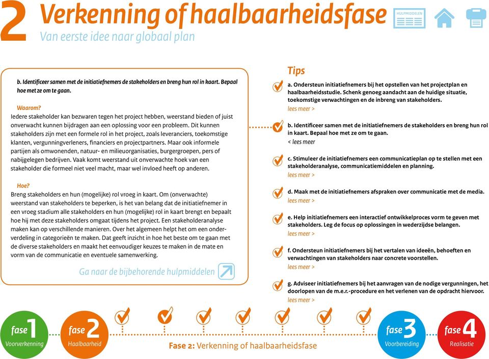 Dit kunnen stakeholders zijn met een formele rol in het project, zoals leveranciers, toekomstige klanten, vergunningverleners, financiers en projectpartners.