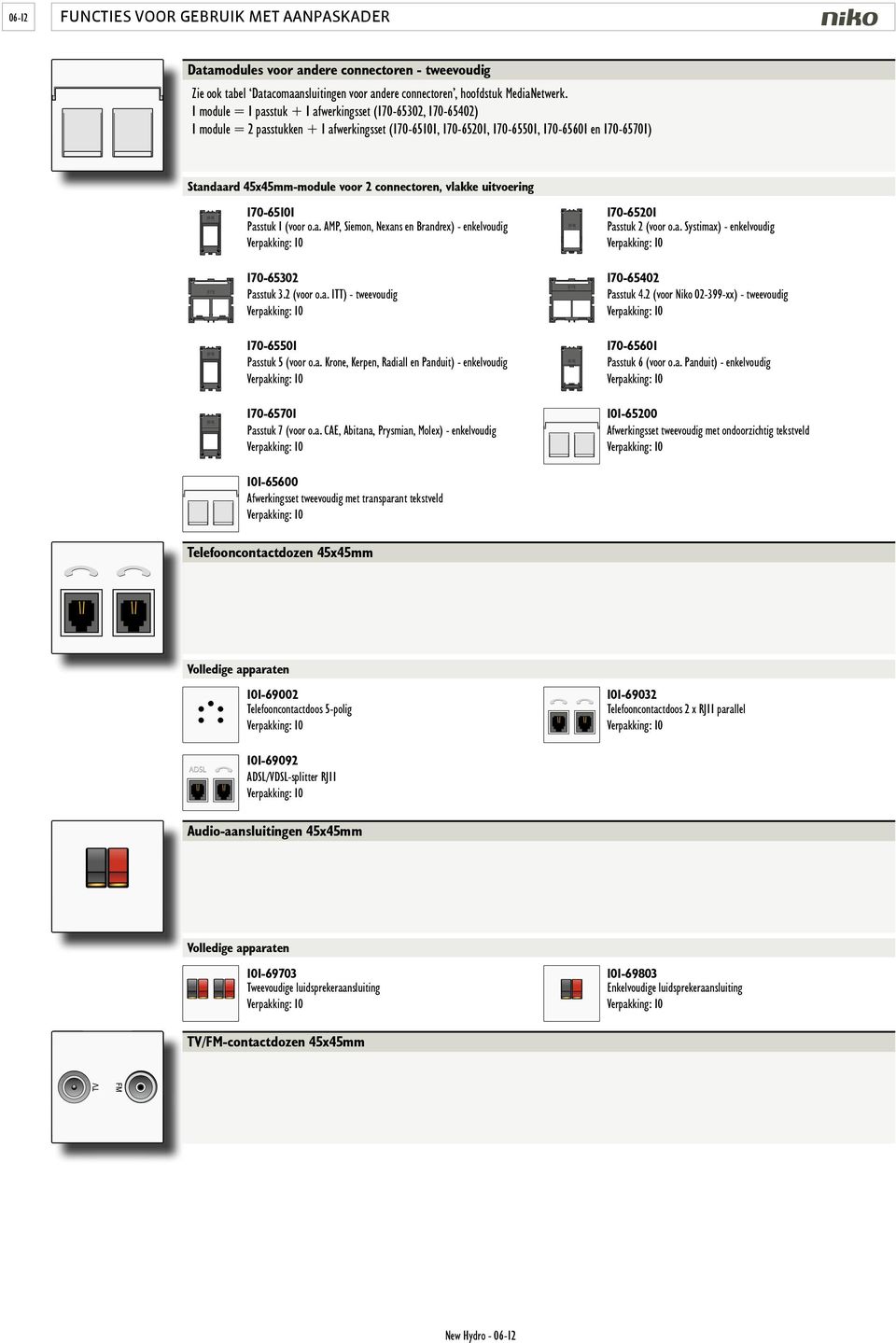 connectoren, vlakke uitvoering 170-65101 Passtuk 1 (voor o.a. AMP, Siemon, Nexans en Brandrex) - enkelvoudig 170-65201 Passtuk 2 (voor o.a. Systimax) - enkelvoudig 170-65302 Passtuk 3.2 (voor o.a. ITT) - tweevoudig 170-65402 Passtuk 4.