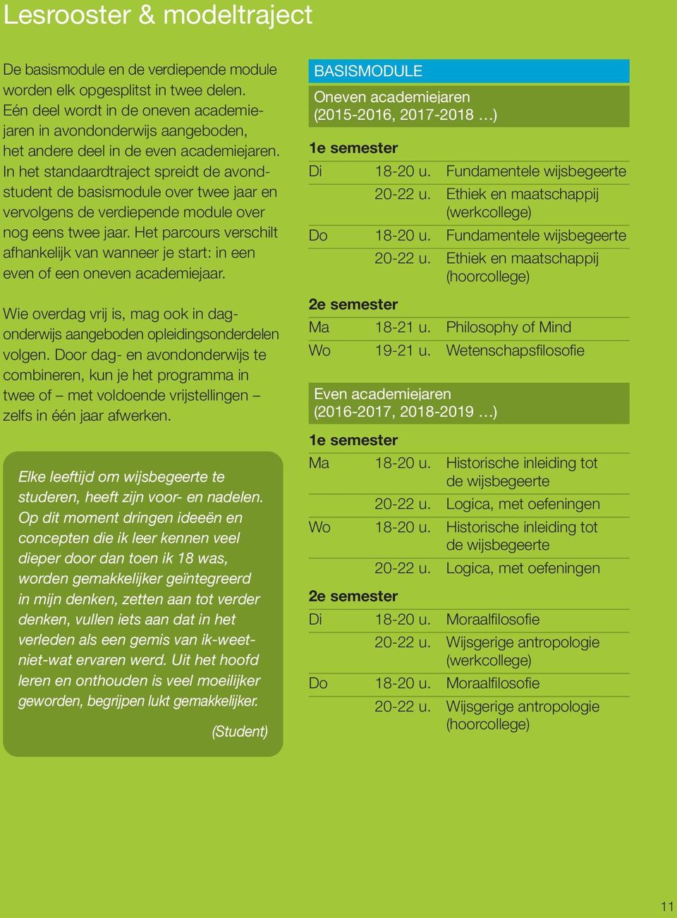 In het standaardtraject spreidt de avondstudent de basismodule over twee jaar en vervolgens de verdiepende module over nog eens twee jaar.